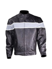 Men's leather motorcycle jacket with silver reflective stripe - front view