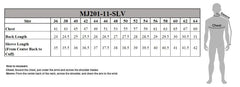 Detailed size chart for men’s motorcycle jackets including chest, back length, and sleeve measurements – Wide Wing Store