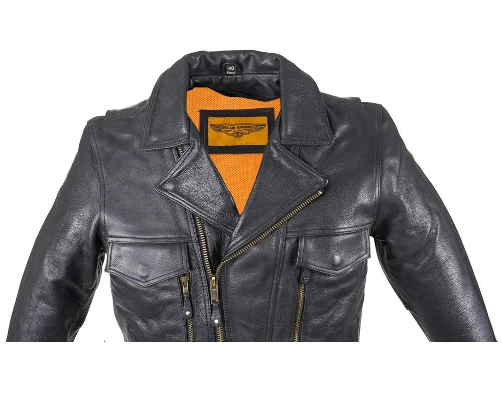 Close-up of collar and chest on Men's leather racer jacket