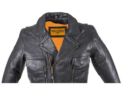 Close-up of collar and chest on Men's leather racer jacket