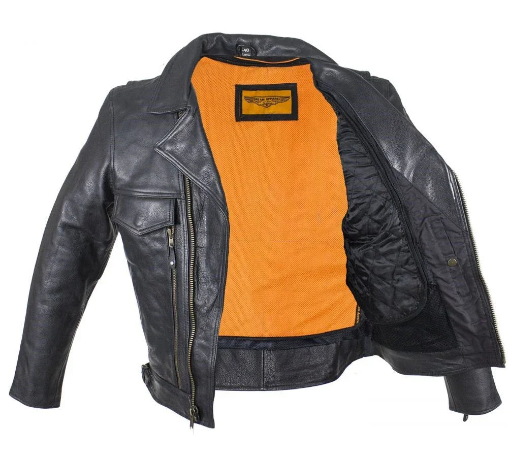 Inside quilted liner of men's biker leather jacket