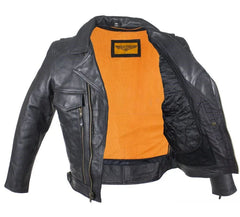 Inside quilted liner of men's biker leather jacket