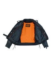 Interior view of men’s biker jacket showing orange full zip-out liner and breathable interior design – Wide Wing Store