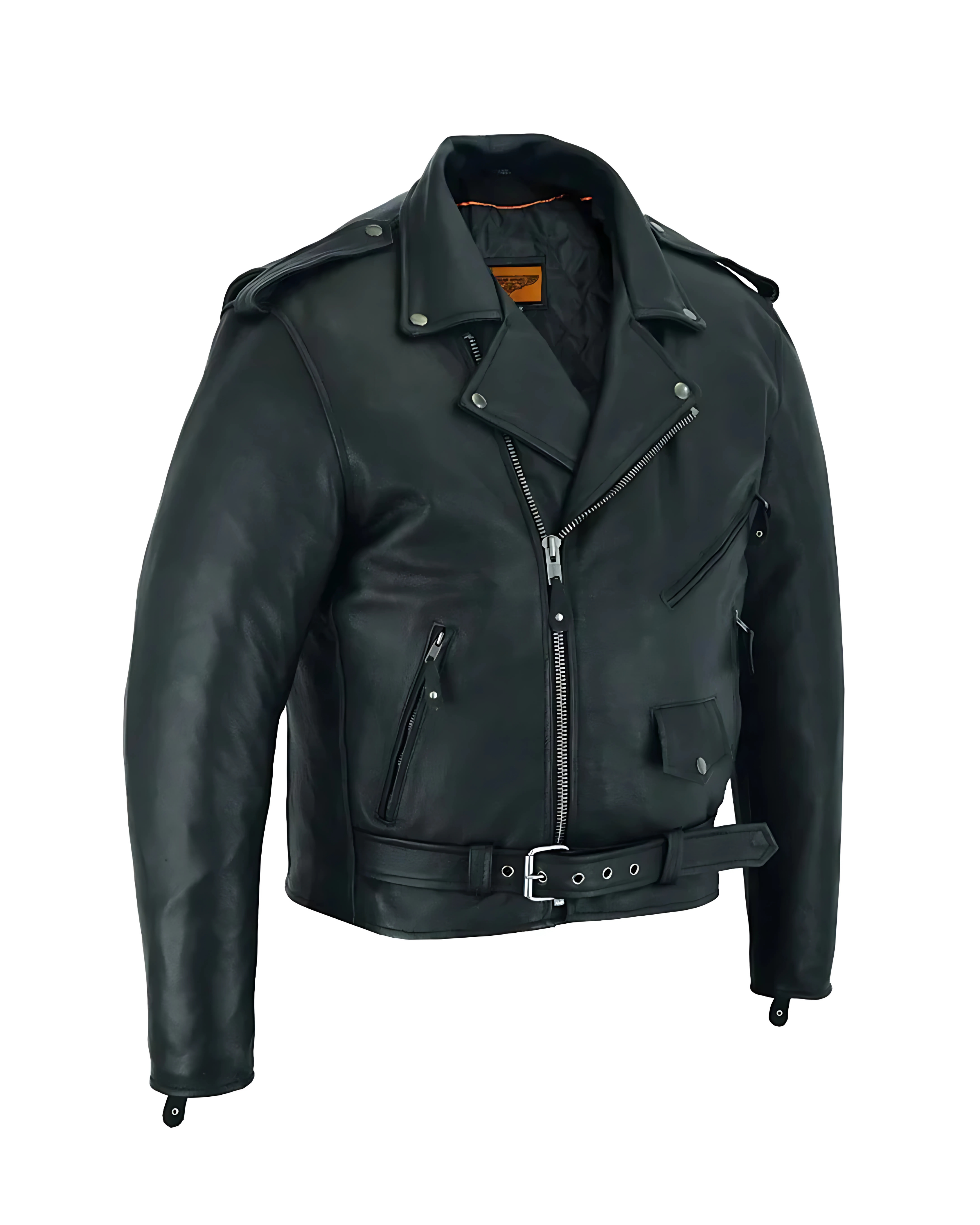 Side view of men’s motorcycle jacket made from soft premium cowhide