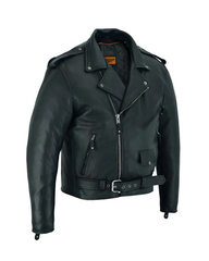 Side view of men’s motorcycle jacket made from soft premium cowhide