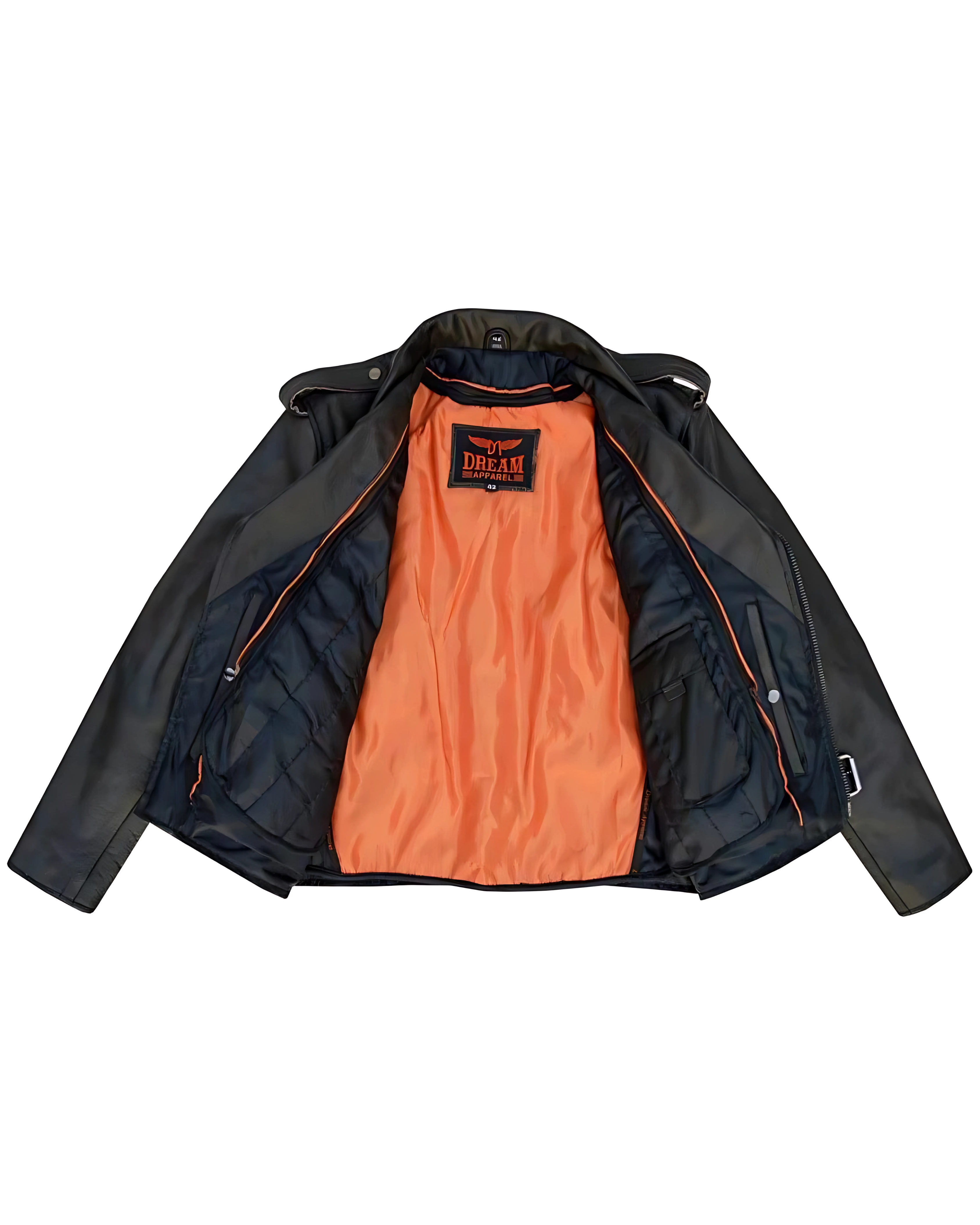 Quilted zip-out lining inside men’s black leather jacket