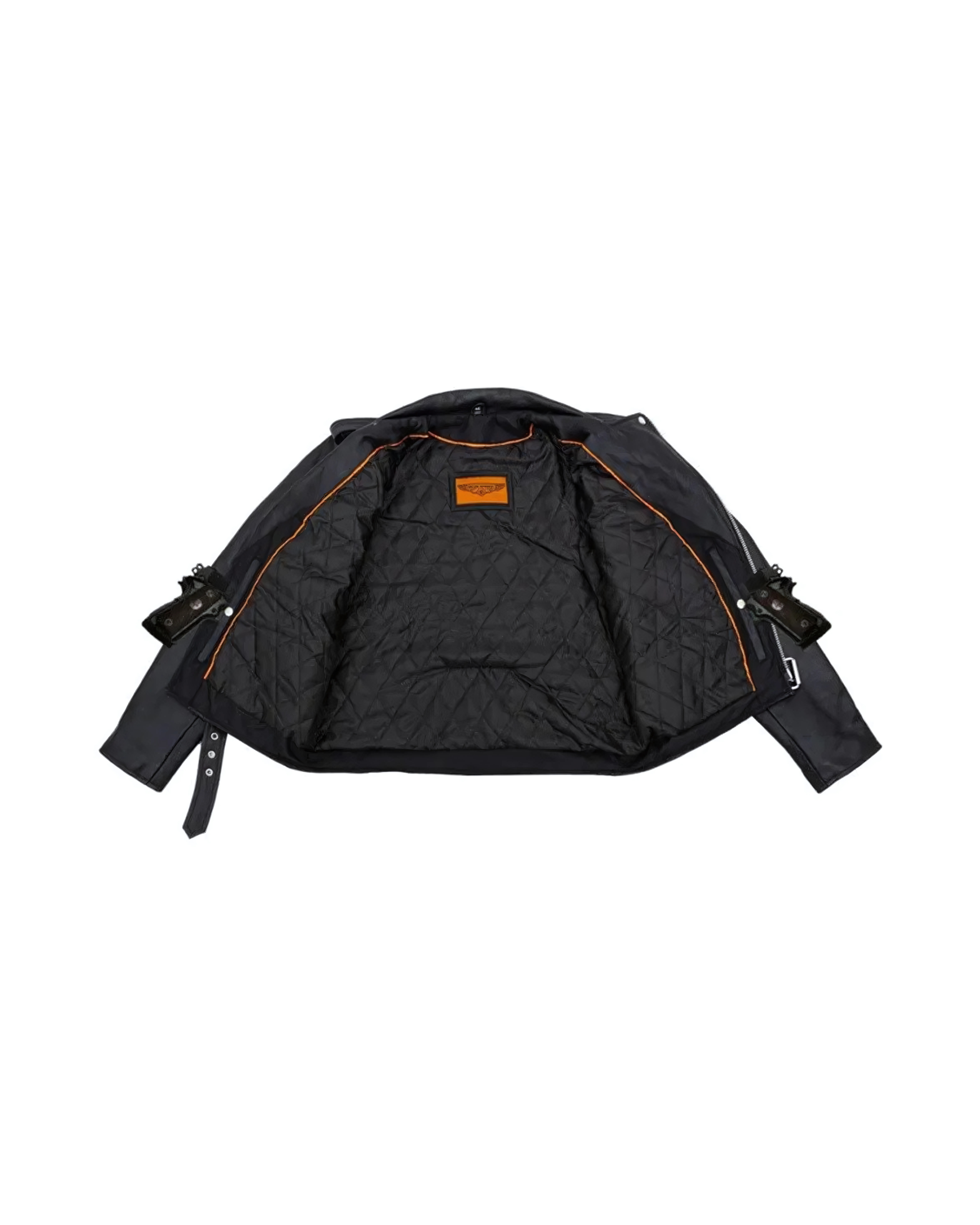 Interior quilted lining and concealed gun pocket of leather jacket