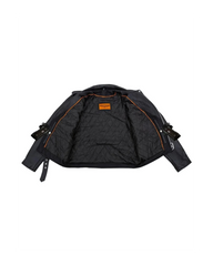 Interior quilted lining and concealed gun pocket of leather jacket