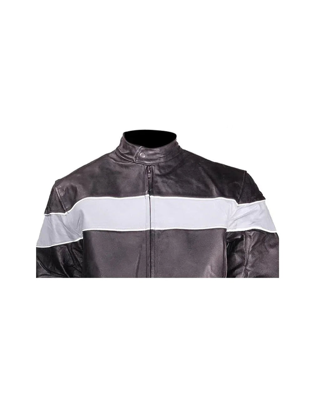 Race-style collar with snap button on black leather jacket
