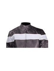 Race-style collar with snap button on black leather jacket
