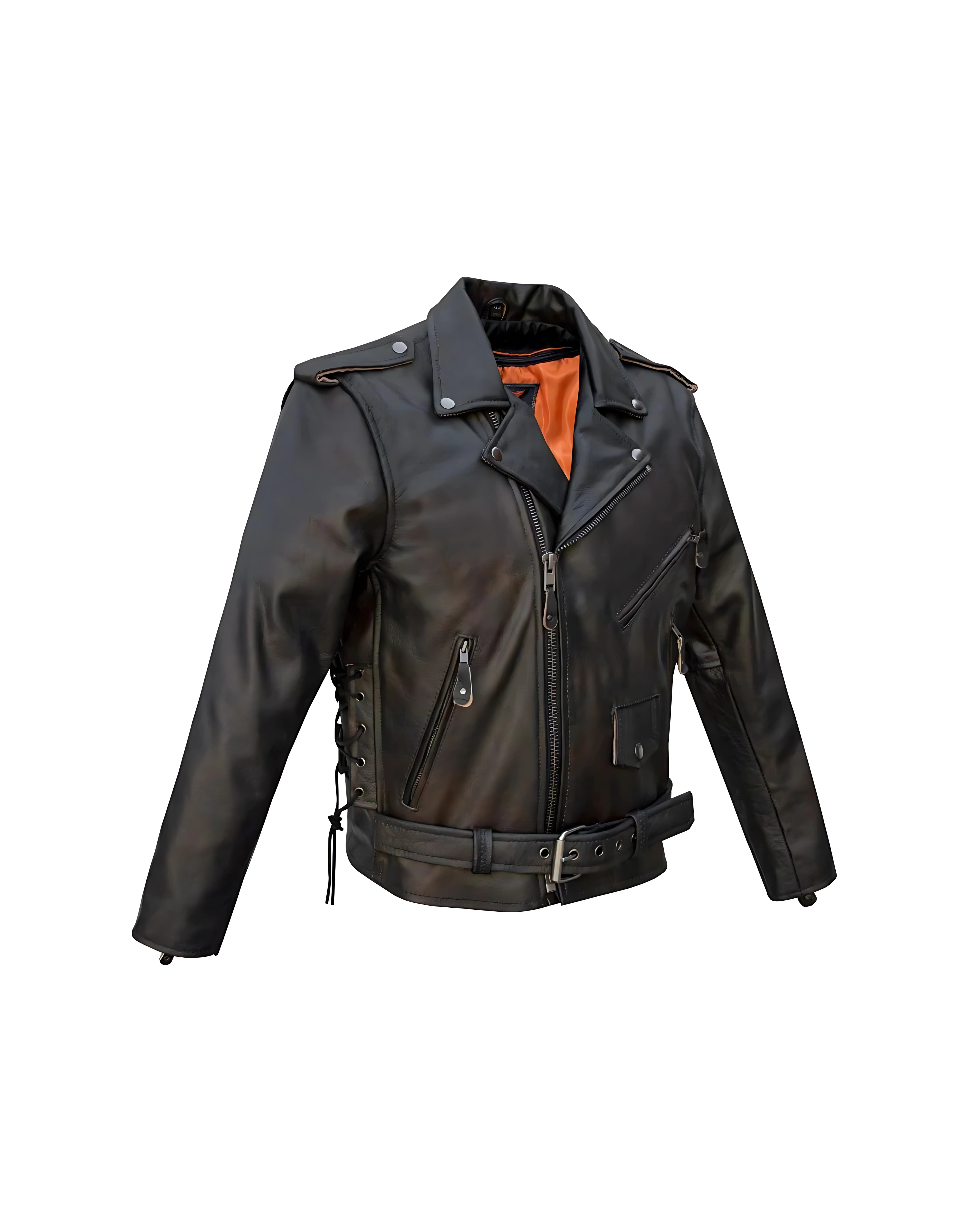 Side leather lacing and fit adjustment on men’s leather eagle jacket