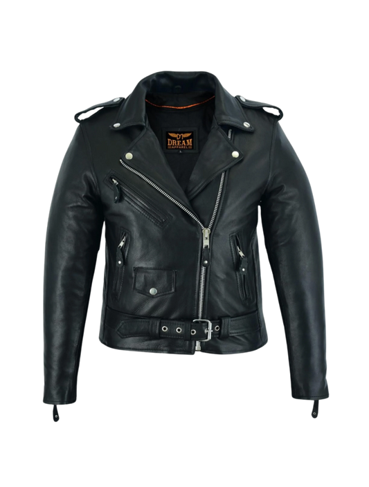 Women Motorcycle Classic Leather Jacket Premium Cowhide Leather Silver Hardware
