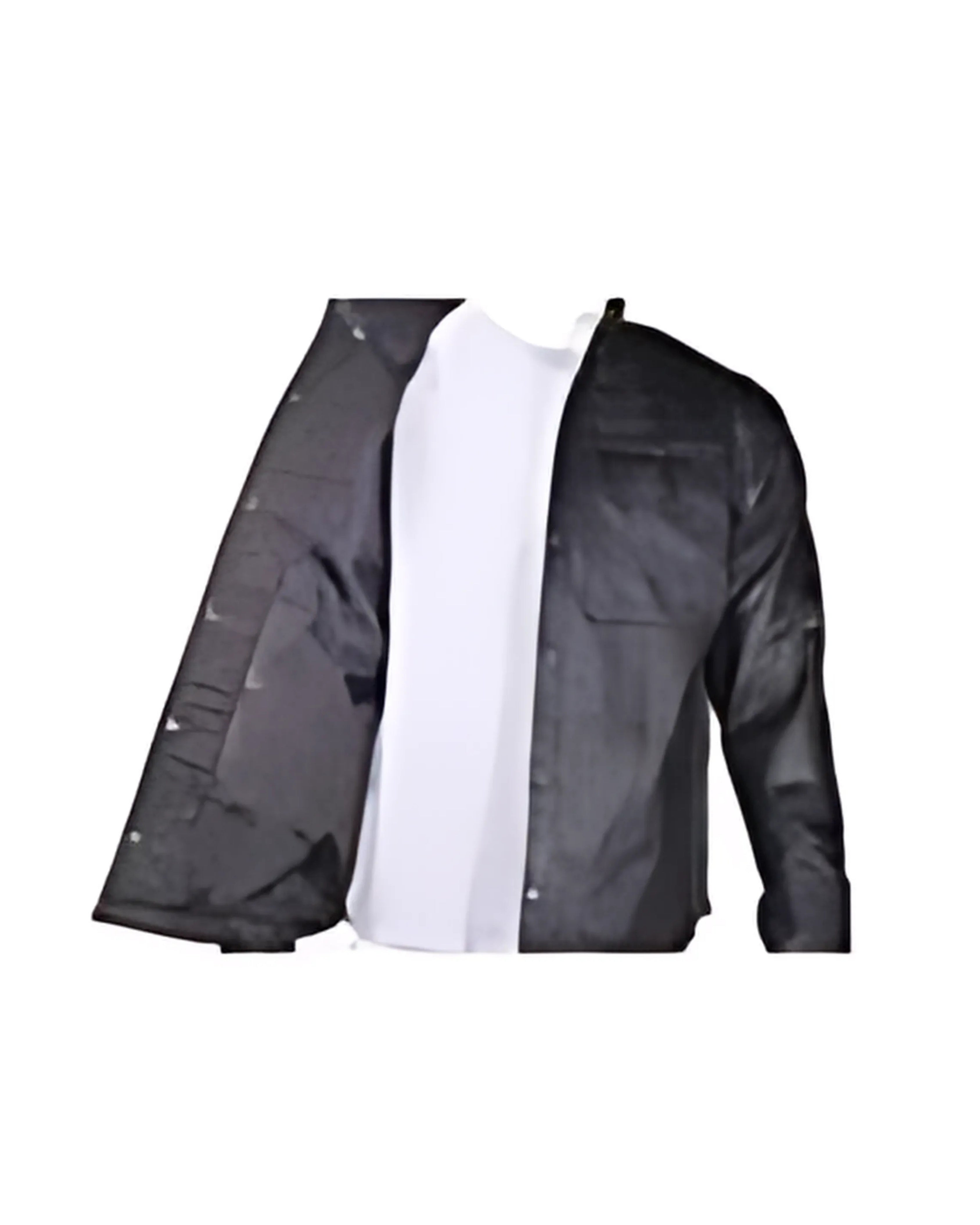 Inside view of men’s lightweight leather shirt with smooth textile lining