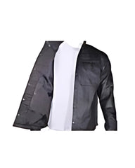 Inside view of men’s lightweight leather shirt with smooth textile lining