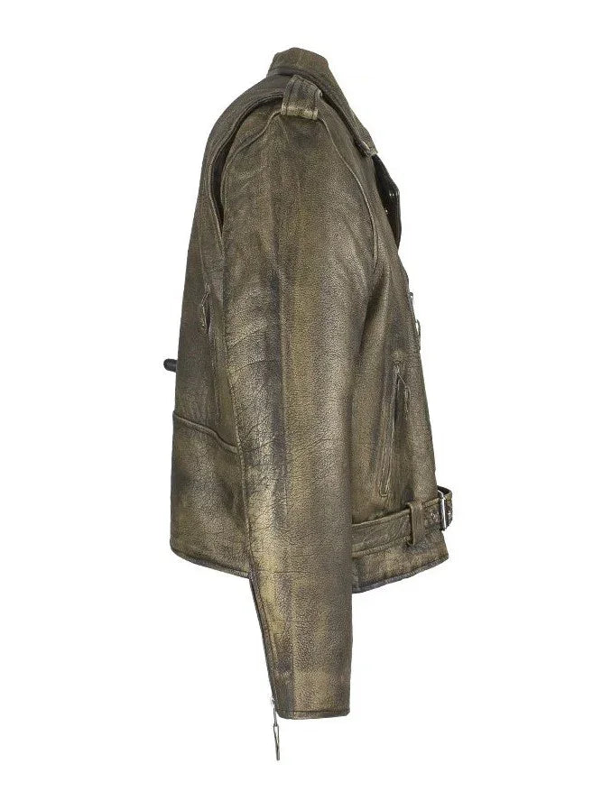 Side view of men’s brown cowhide biker jacket with zippered cuffs