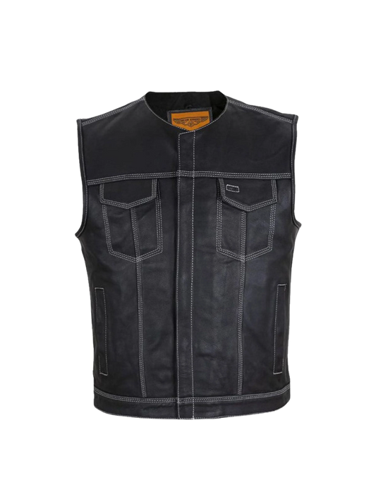 Men's Leather Motorcycle Club Vest – Double White Thread, Zipper Front