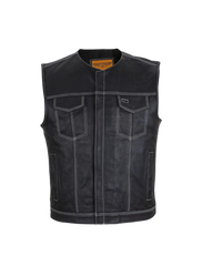 Men's Leather Motorcycle Club Vest – Double White Thread, Zipper Front