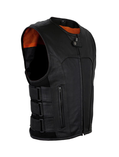 Men's Black Bullet Proof Style Leather Vest with Straps on Side