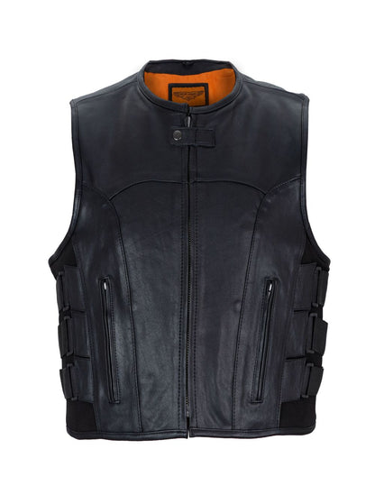 Men's Black Bullet Proof Style Leather Vest with Straps on Side