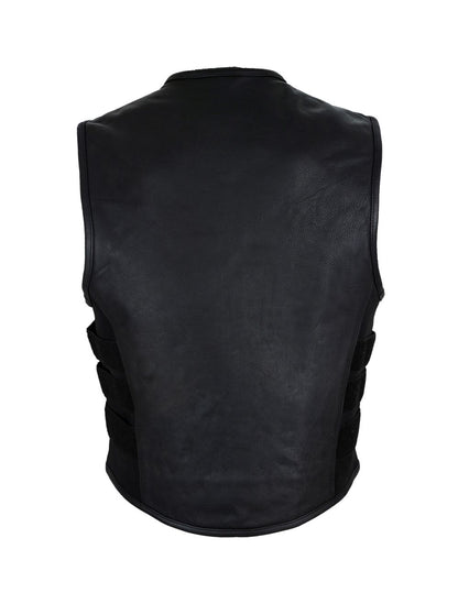 Men's Black Bullet Proof Style Leather Vest with Straps on Side