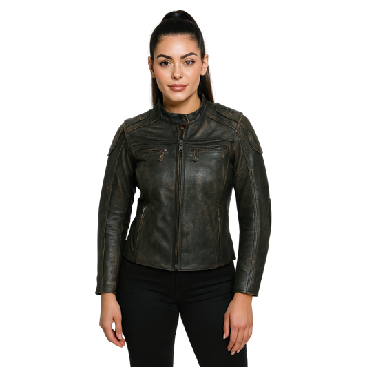 WOMEN’S MC MOTORCYCLE LEATHER JACKET WITH ZIP-OUT LINING & CONCEALED CARRY POCKETS