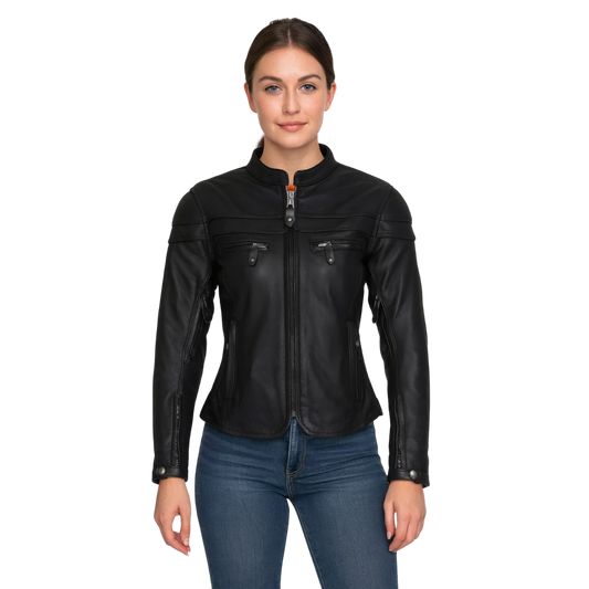 WOMEN’S BLACK LEATHER MOTORCYCLE JACKET WITH CONCEALED CARRY GUN POCKETS