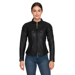 WOMEN’S BLACK LEATHER MOTORCYCLE JACKET WITH CONCEALED CARRY GUN POCKETS