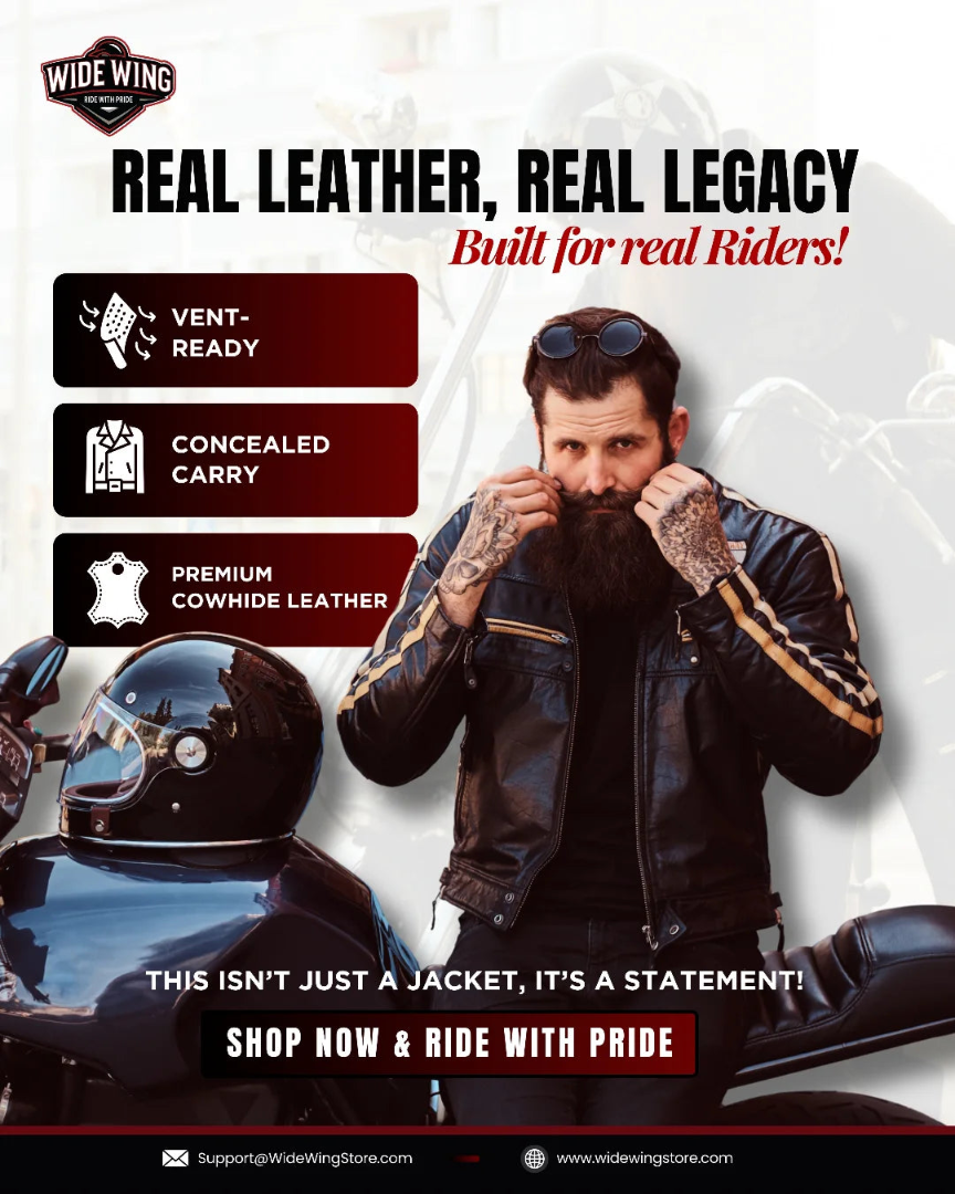 Man wearing a leather jacket with promotional text about the product's features and brand.