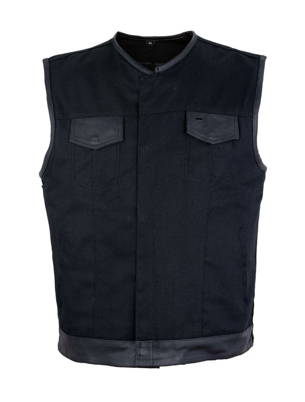 Mens Black Denim Biker Vest With Leather Trims & Front Zipper