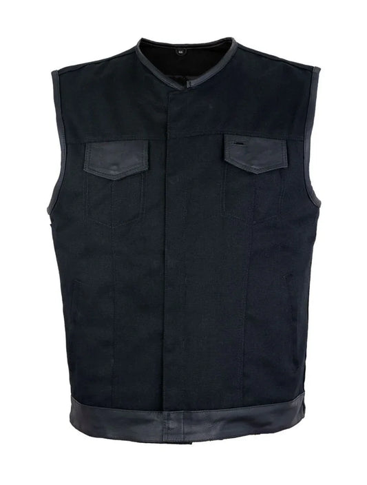 Mens Black Denim Biker Vest With Leather Trims & Front Zipper