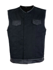 Mens Black Denim Biker Vest With Leather Trims & Front Zipper