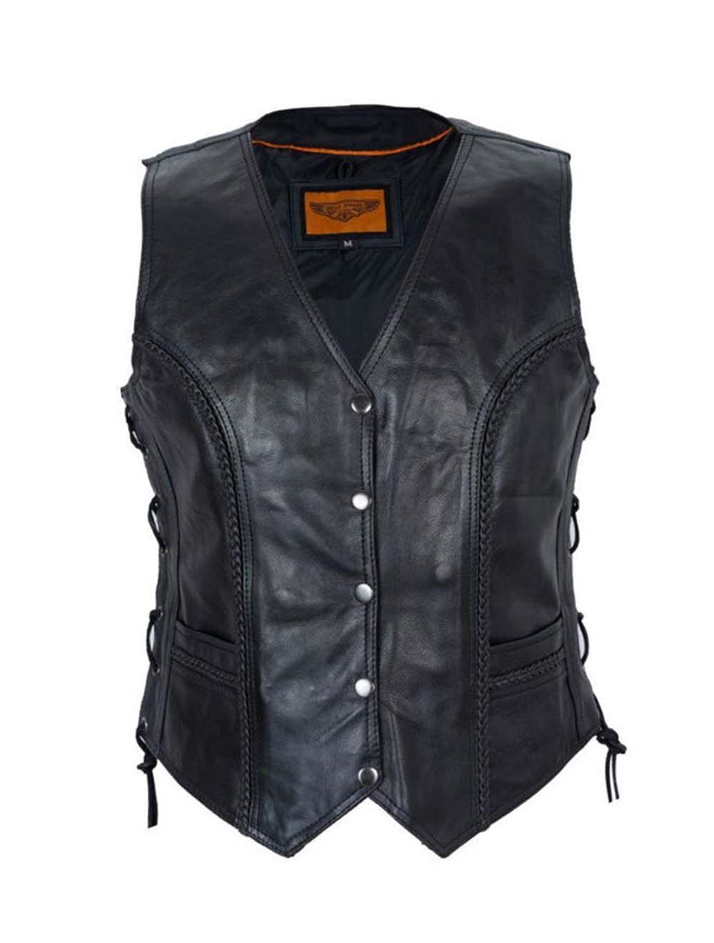 Womens Leather Motorcycle Vest With Concealed Carry Pockets & Side Laces