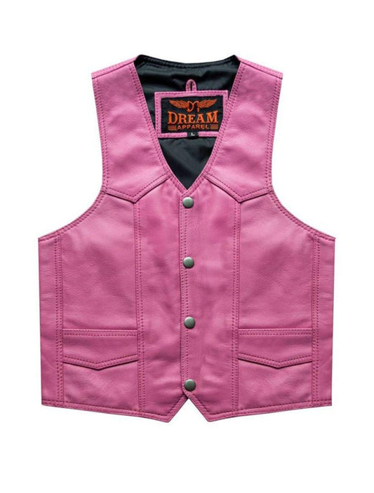 Kids Pink Leather Motorcycle Vest With Button Snap Closure