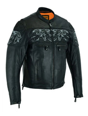 Men's Leather Jacket with Reflective Skulls & Concealed Carry