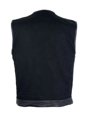 Mens Black Denim Biker Vest With Leather Trims & Front Zipper