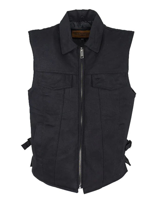 Men’s Black Denim Motorcycle Club Vest with Folded Collar & Hidden Snaps