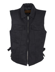 Men’s Black Denim Motorcycle Club Vest with Folded Collar & Hidden Snaps