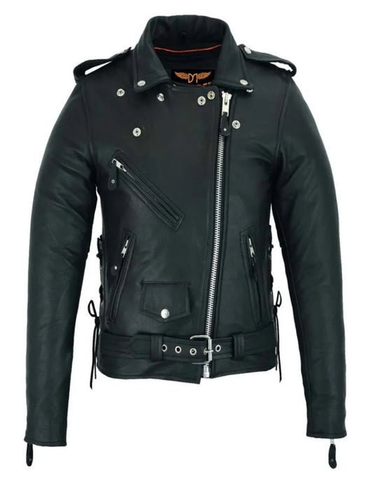 Women Motorcycle Classic Leather Jacket Premier Cowhide Leather Conceal Carry Pockets Side Laces