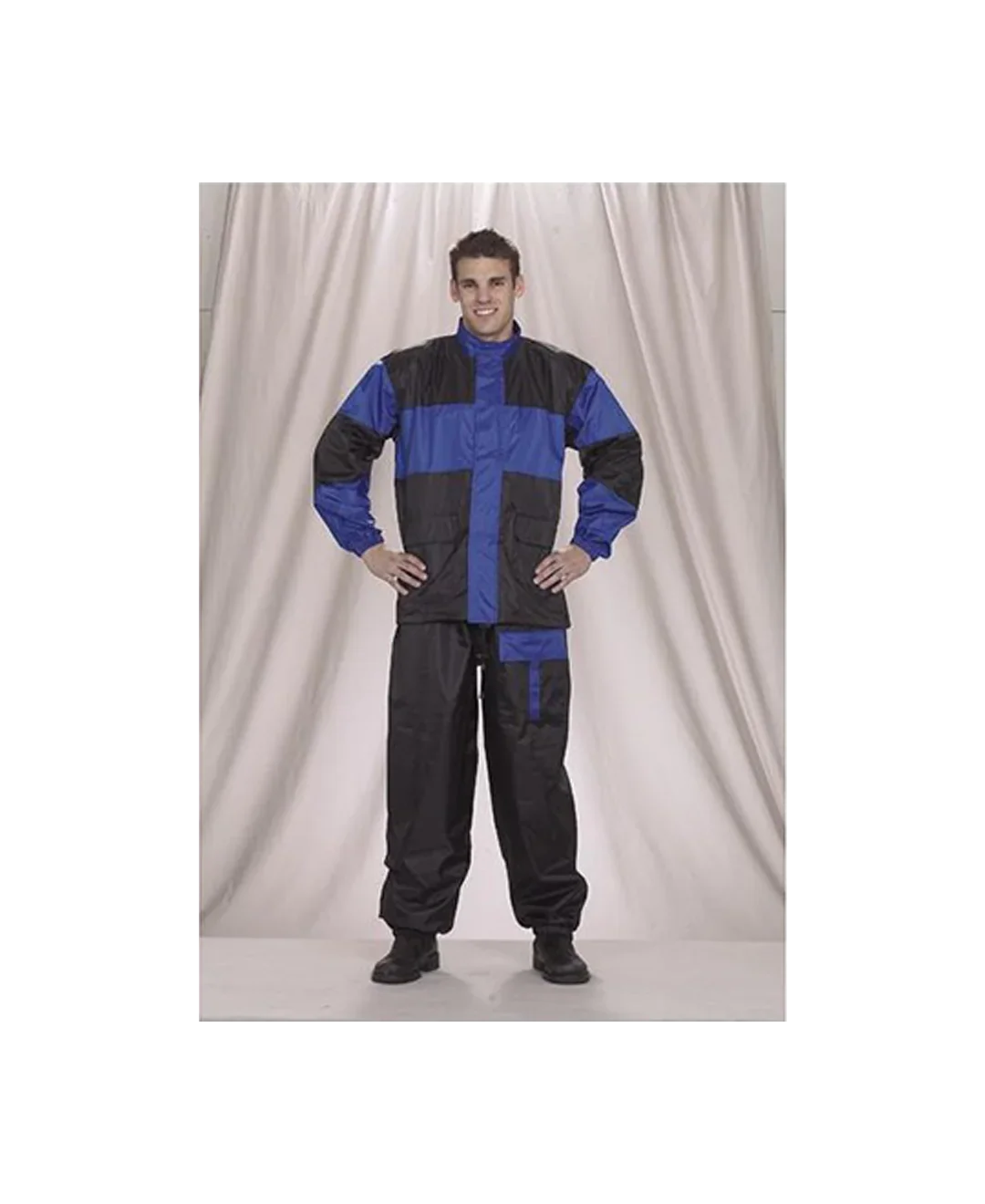 Full body front view of a two-piece waterproof rain suit for motorcycle riders in blue and black