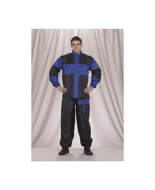 Full body front view of a two-piece waterproof rain suit for motorcycle riders in blue and black