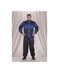 Full body front view of a two-piece waterproof rain suit for motorcycle riders in blue and black