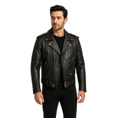 Men’s Classic Leather Motorcycle Jacket – Premium Cowhide with Gun Pocket