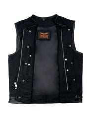 Mens Black Denim Biker Vest With Leather Trims & Front Zipper