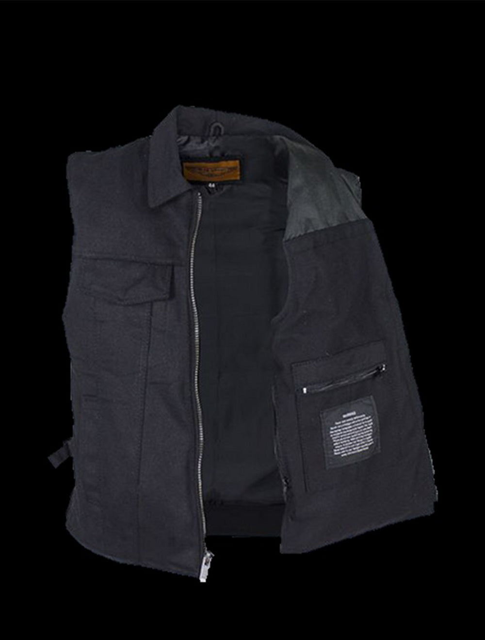 Men’s Black Denim Motorcycle Club Vest with Folded Collar & Hidden Snaps