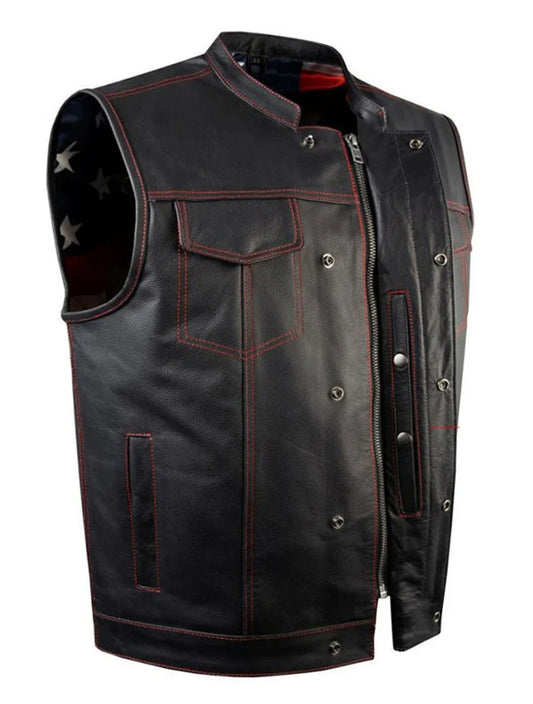 Club Biker Flag Lining Vest - Best Cowhide Leather Motorcycle Vest