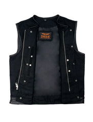 Men's Black Denim Biker Vest with Leather Trims