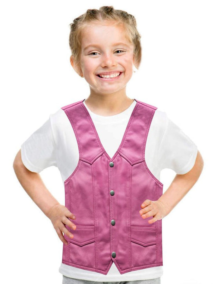 Kids Pink Leather Motorcycle Vest With Button Snap Closure