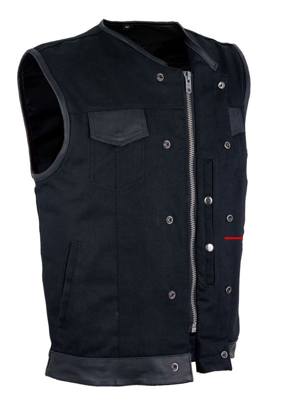 Mens Black Denim Biker Vest With Leather Trims & Front Zipper