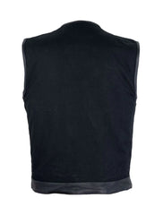 Men's Black Denim Biker Vest with Leather Trims