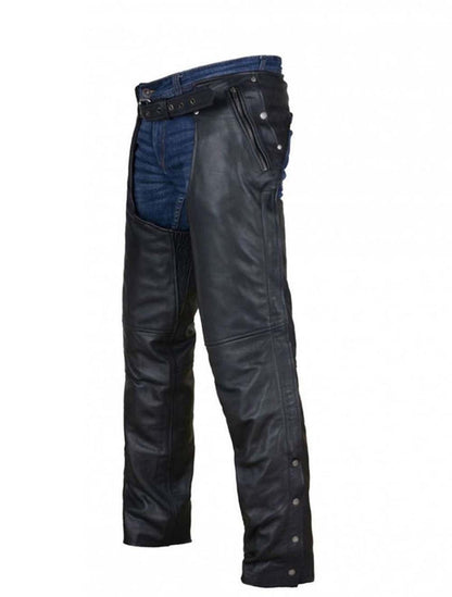 Black Multi-Pocket Cowhide Leather Chaps - Removable Lining